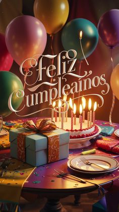 a birthday cake sitting on top of a table covered in presents and balloons with the words feliz cumpleanos written above it