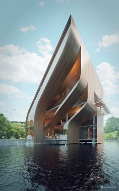 an architectural rendering of a building on the water