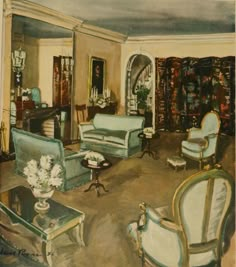 a painting of a living room filled with furniture