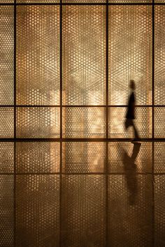 a person walking in front of a glass wall