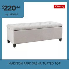 The Madison park Sasha tufted top storage bench offers a sophisticated storage option for your home decor. This accent bench features a button tufted top and is fully upholstered fabric to complement most decors. The solid wood legs showcase an espresso wood finish that contrasts beautifully with the upholstery, for an elegant transitional look. With ample storage space for blankets or other essentials, this upholstered storage bench adds functionality and style to your bedroom or living room. … Sophisticated Storage, Accent Bench, Upholstered Storage Bench, Madison Park, The Madison, Upholstered Storage, Window Home Decor, Upholstered Fabric, Tufting Buttons