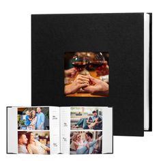 an open photo book with two pictures and the pages opened to show people holding hands