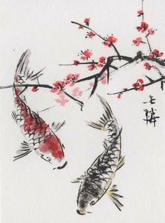 Karp Koi, Koi Art, Art Chinois, Japanese Watercolor, Plum Blossoms, Japanese Koi, Japon Illustration, Art Japonais, Japanese Painting