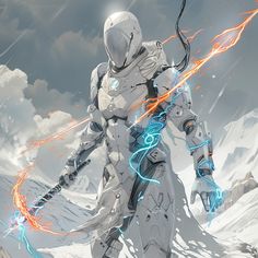 an artist's rendering of a sci - fi character in front of mountains and clouds