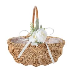 a wicker basket with white flowers and ribbon tied around the handle, isolated on a white background