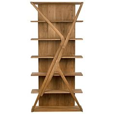 a wooden book shelf with two crossed bookshelves on each side and three straight legs