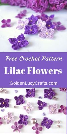 purple crochet flowers with text overlay that says free crochet pattern lilac flowers