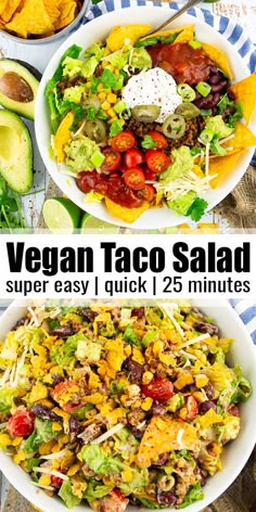 vegan taco salad with avocado, lettuce and tomatoes