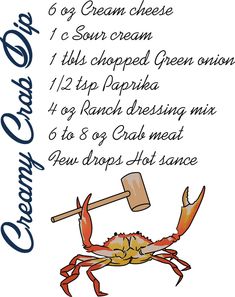 the ingredients for crab soup are shown in blue and white lettering on a white background