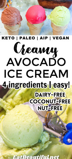 an ice cream poster with three scoops of ice cream in the background and text overlay reading keto paleo air vegan, creamy avocado ice cream