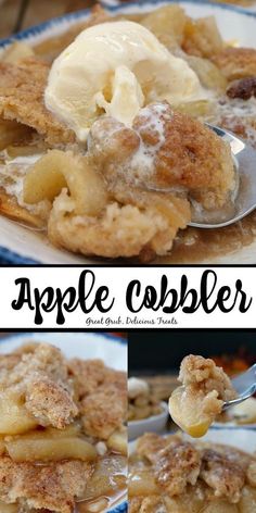 an apple cobbler on a plate topped with ice cream