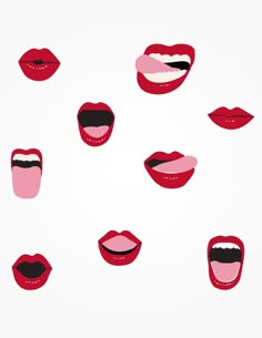 many different types of red lips with black and white stripes on them, all in the same