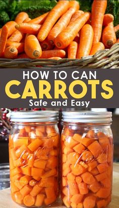 jars filled with carrots sitting on top of a wooden table next to other vegetables