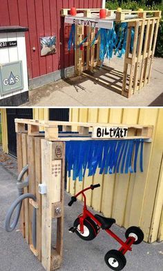 two pictures side by side, one is made out of pallets and the other has a bike attached to it