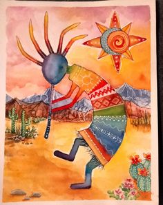 a painting of an antelope dancing in the desert with mountains and cactuses behind it