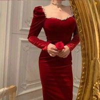 Elegant Solid Color Vintage Velvet Design Long Sleeve Dress · KoKo Fashion · Online Store Powered by Storenvy Red Evening Gown, Velvet Design, Soiree Dress, Red Dresses Classy, Women Dresses Classy, Elegant Dresses Classy, Red Evening Dress, Long Sleeve Evening Dresses, Color Vintage