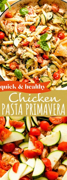 chicken pasta prima veggie in a pan with tomatoes and zucchini