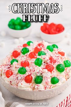 A bowl of christmas fluff. White Chocolate Almond Bark, Christmas Fluff, Easy Holiday Dessert, Candied Cherries, Simply Stacie, Easy Holiday Desserts, Christmas Salads