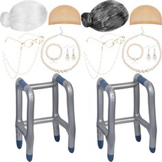 an assortment of hair and accessories including a chair, necklaces, and ear rings