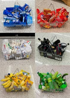 four baskets filled with different types of beverages