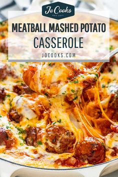 meatball mashed potato casserole in a skillet with text overlay