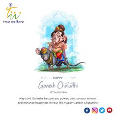 happy ganesh chatti with an image of the hindu god and his animal friend