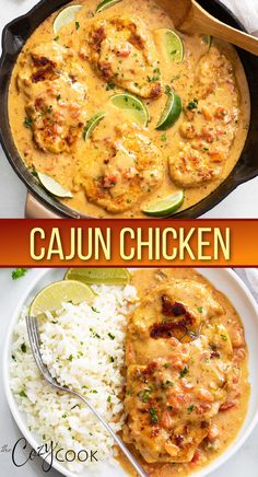 two pictures of cajun chicken and rice in a skillet with the words cajun chicken over it