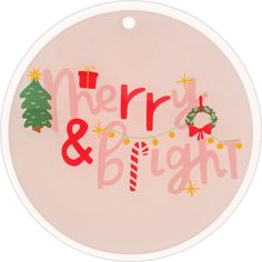 a merry and bright christmas ornament on a pink background with trees, candy canes and presents