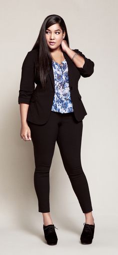 Black on black on black with a pop of print. LOVE. Plus Size Business Attire Torrid, Jeans And Black Blazer Outfit Plus Size, How To Style A Black Blazer Plus Size, Interview Outfit Women Plus Size, Plus Size Interview Outfit Professional, Black Plus Size Blazer, Plus Size Black Blazer, Teaching Interview Outfit, Plus Size Interview Outfit