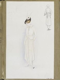 a drawing of a woman in a white dress with a bird's head on her head