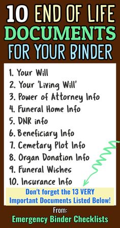 Documents Organization - End of Life Documents Checklist For Your Important Documents Binder. From Emergency Binder Checklists List Of Important Documents To Keep, Life Binder Categories, Emergency Binder Checklist, Emergency Documents, Trust Documents, Emergency Folder, Getting Your Life Together Checklist