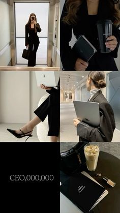 a collage of photos with women in business attire and laptops on their laps