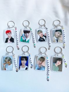 Hey STAY! Handmade beaded keychains with photos for STRAY KIDS. Each beaded keychain was made with colors to match the photo! ☺️ Please let me know if you'd like other colors for the beads or something else custom and I will do my best to work with you! These are all handmade so there could be imperfections but I will try my best to make the best of quality for you! (*I didn't notice the scratch on Seungmin's frame, I promise there will be no scratches like that on yours!) *Shipping: Please keep Stray Kids Gift Ideas, Stray Kids Bracelet, Stray Kids Keychain, Kids Keychains, Keychain With Photo, Keychains Diy, Amigurumi Keychain, Pop Jewelry, Kpop Diy