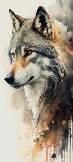 a painting of a wolf's head with watercolors on the back ground