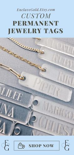 four different types of jewelry tags with the words custom permanent jewelry tags written on them