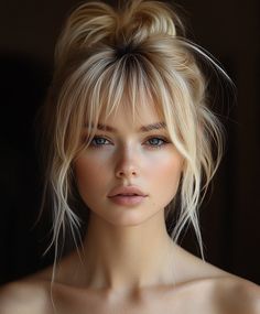 Wedding Hairstyles Half Up Medium Bangs: Sophisticated Chic Knot French Bangs Blonde Hair, Bardot Bangs Medium Hair, Formal Hair With Bangs Half Up, Bangs With Half Up Half Down, Bridesmaid Hair Bangs Half Up, Wedding Hair Bangs Half Up, Hair Up With Bangs, Bridget Bardot Half Up Half Down, Half Up Knot