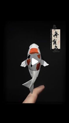 a paper fish is being held by someone's hand in front of a black background