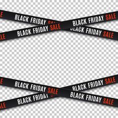 four black friday sale ribbons with red and white lettering on them, set against a transparent background