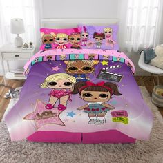 a bed with two girls on it