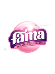 the logo for fama brightness of nature, which is pink and has white letters on