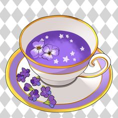 a purple tea cup and saucer with flowers on it