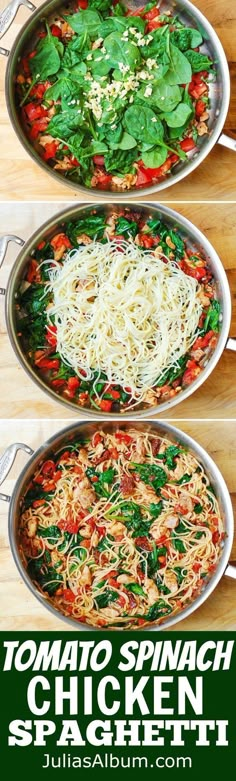 collage of 3 photos with text - Tomato Spinach Chicken Spaghetti Budget Dinner, Resep Pasta, Spinach Chicken, Tomato Spinach, Chicken Spaghetti, God Mat, Good Eat, Spinach Stuffed Chicken, Idee Pasto Sano