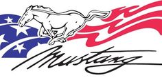 the mustang logo is shown with an american flag and a horse on it's side