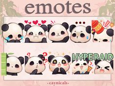 the pandas are all wearing different outfits and have hearts on their chests, as well as words that say emotees