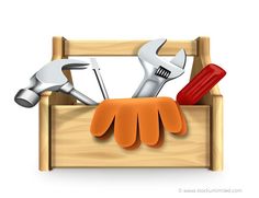 a toolbox with tools in it and an orange glove hanging from the top, on a white background