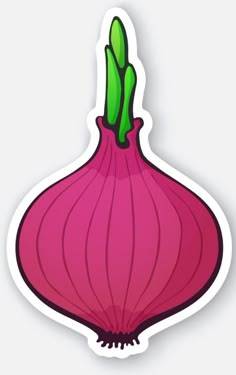 an onion sticker with a green stalk sticking out of it's center, on a white background