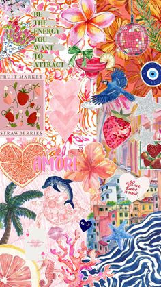 the collage is made up of many different items and colors, including fruit, flowers,