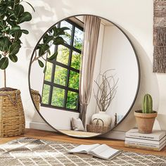 a mirror sitting on top of a table next to a potted plant and books