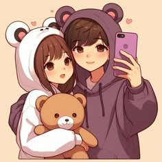 two people are taking a selfie with a teddy bear on their lap and one is holding a cell phone