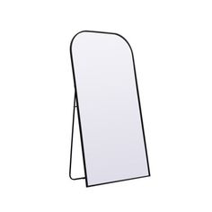 a black and white photo of a mirror on a stand with an empty space in the middle